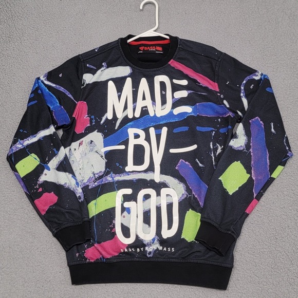 Bass By Ron Bass Sweatshirt Mens Large "Made By God" Paint Splatter Print Crew - Picture 1 of 12
